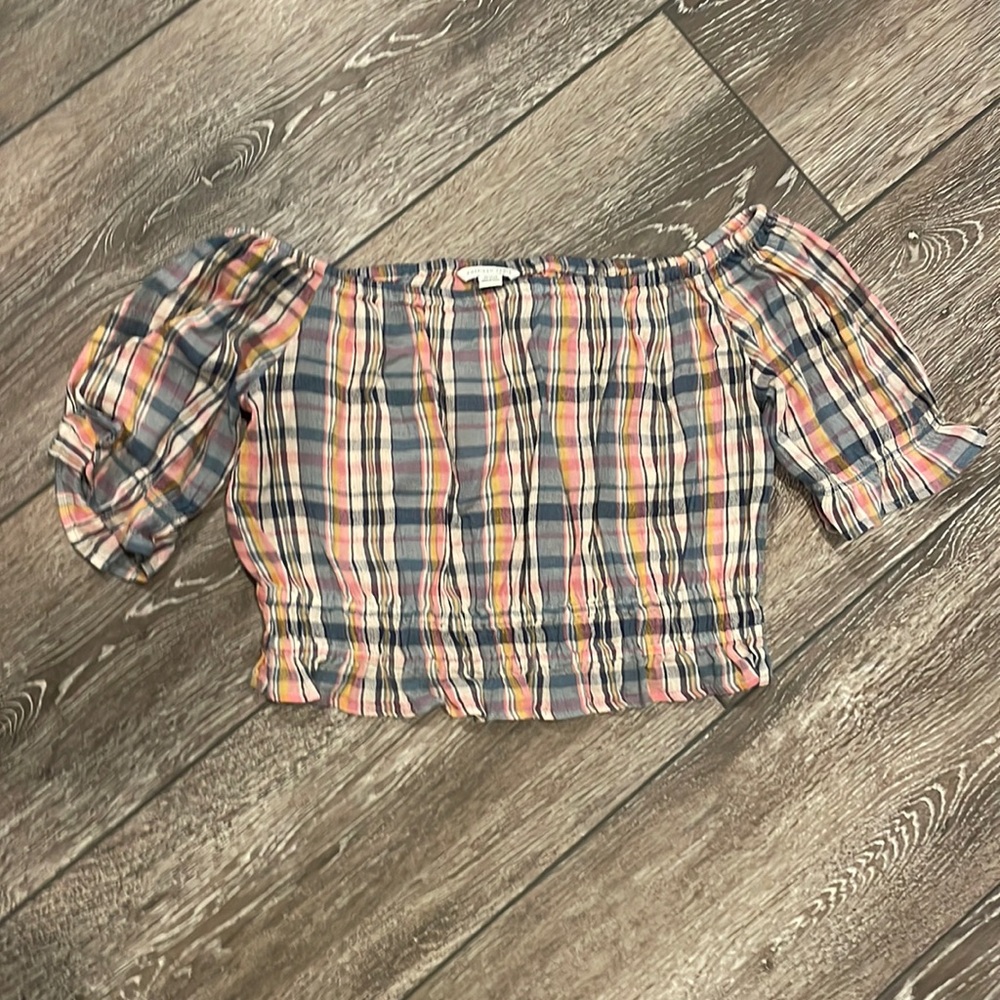 American eagle off the shoulder, multicolored plaid top